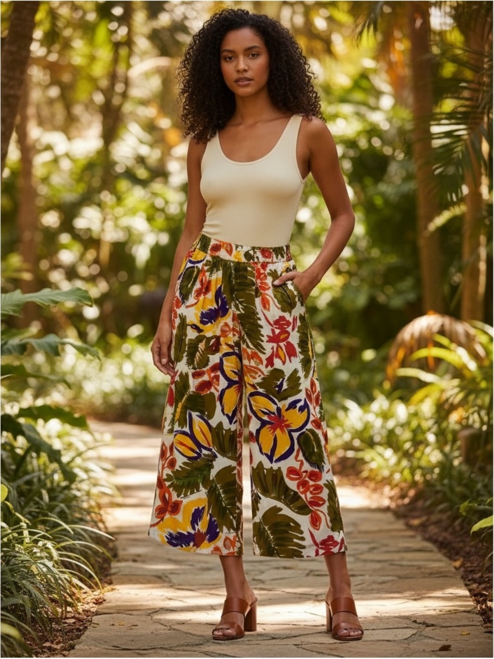 Beautiful Vintage Floral High Waisted Wide Leg Cropped Gaucho Pants